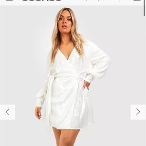 White Long Sleve Sequin Wrap Dress